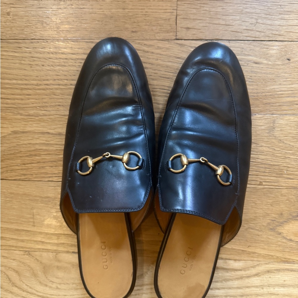 Gucci Black Leather Slip-On Loafers with Gold Accents
